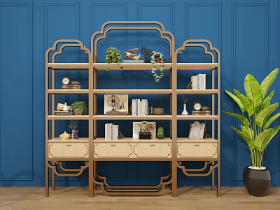 Chinese-style Wooden Multi-tiered Display Shelf with Decorative Items Green Plants Books Drawers Against Blue Wall 3d model
