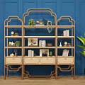 Chinese-style Wooden Multi-tiered Display Shelf with Decorative Items Green Plants Books Drawers Against Blue Wall