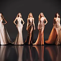 Five Women In Shiny Long Gowns With Golden Brown Hues Standing Against Black Background