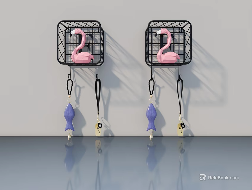 Hinged Door With Black Wire Mesh Racks Pink Flamingo Decor And Hanging Ornaments 3d model 