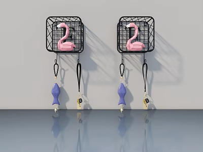 Hinged Door With Black Wire Mesh Racks Pink Flamingo Decor And Hanging Ornaments 3d model