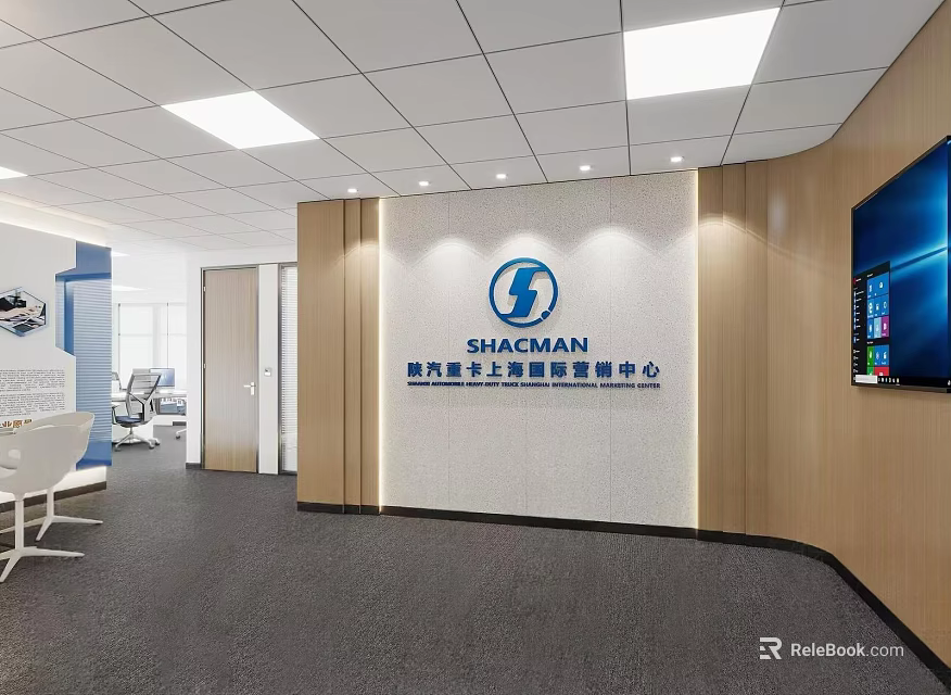 Modern Bright Corporate Office Reception Area With Custom Brand Logo Wall And Wooden Interior Design 3d model 