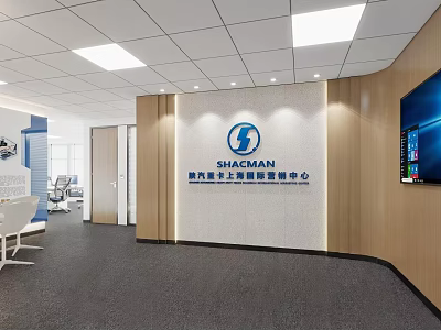 Modern Bright Corporate Office Reception Area With Custom Brand Logo Wall And Wooden Interior Design 3d model