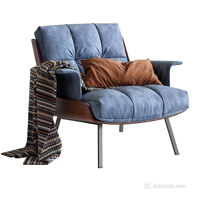 Modern Comfortable Blue Accent Chair With Wooden Frame Brown Cushion Striped Blanket And Metal Legs 3d model 