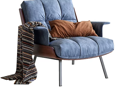 Modern Comfortable Blue Accent Chair With Wooden Frame Brown Cushion Striped Blanket And Metal Legs 3d model