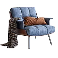 Modern Comfortable Blue Accent Chair With Wooden Frame Brown Cushion Striped Blanket And Metal Legs