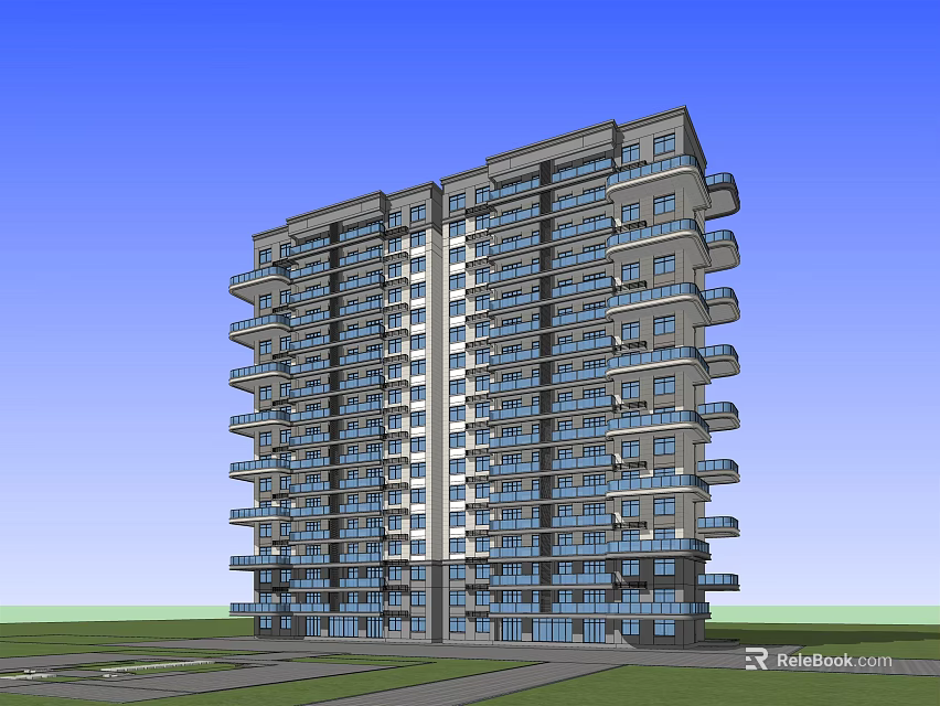 High rise Residential Building Modern Exterior Design With Balconies And Blue Sky Green Lawn Background 3d model 