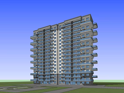 High rise Residential Building Modern Exterior Design With Balconies And Blue Sky Green Lawn Background 3d model