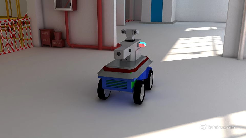 Small Robot With Camera Blue Base And Black Wheels In Indoor Setting With Window Light 3d model 