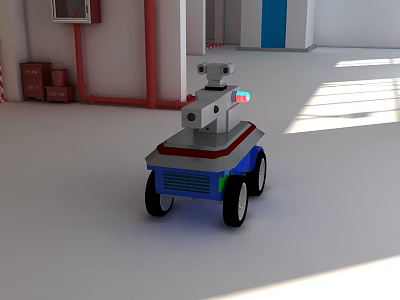 Small Robot With Camera Blue Base And Black Wheels In Indoor Setting With Window Light 3d model