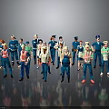 Group of Cartoon Characters in Various Professional Uniforms Standing Together Against Gray Reflective Floor