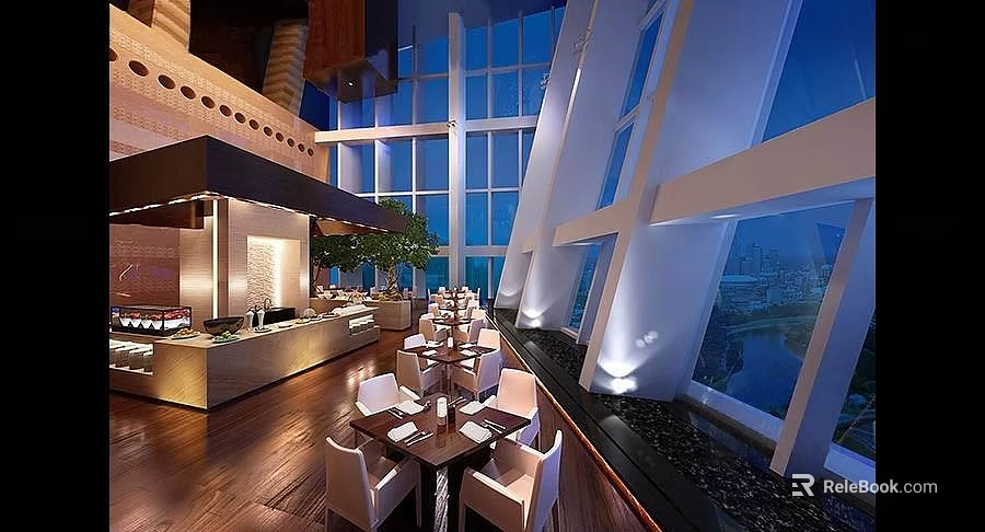 Elegant Modern Restaurant Interior With Floor to Ceiling Windows And Wooden Dining Tables 3d model 