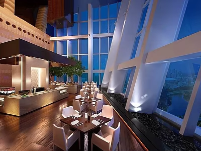 Elegant Modern Restaurant Interior With Floor to Ceiling Windows And Wooden Dining Tables 3d model
