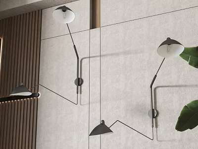 Modern Black Arm Wall Lamps With White Shades On Grey Stone Wall And Green Leaves 3d model