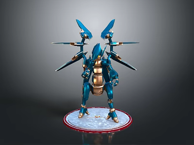 3D Model Mechanical Creature With Blue Armor And Winged Structure On Circular Base 3d model