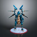 3D Model Mechanical Creature With Blue Armor And Winged Structure On Circular Base