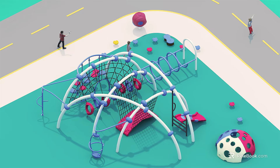Outdoor Playground Equipment With Blue Pink Climbing Net Slides Swings And Ladybug Shaped Ball 3d model 