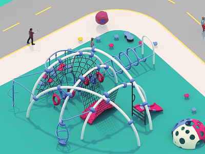 Outdoor Playground Equipment With Blue Pink Climbing Net Slides Swings And Ladybug Shaped Ball 3d model