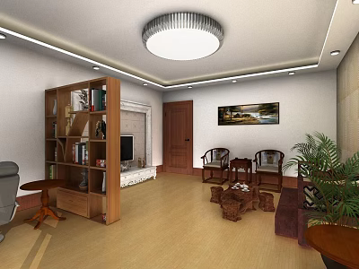 Modern Conference Room Interior With Bookshelf TV Chairs Coffee Table And Plant 3d model