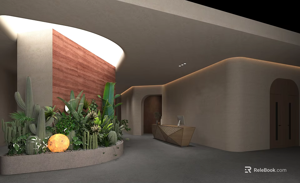 Modern Shop Reception Front Desk With Curved Wall Wooden Panel And Green Plant Decor 3d model 