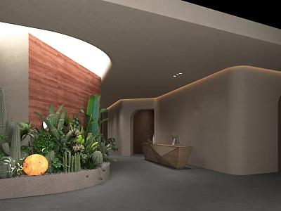 Modern Shop Reception Front Desk With Curved Wall Wooden Panel And Green Plant Decor 3d model