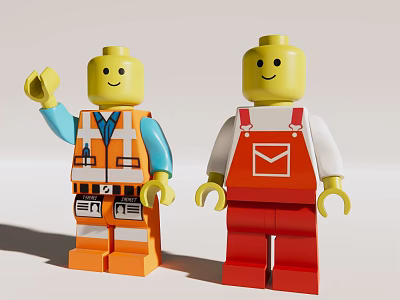 Two Lego Figures With Orange Safety Vest Blue Sleeves Red Overalls And Yellow Heads 3d model