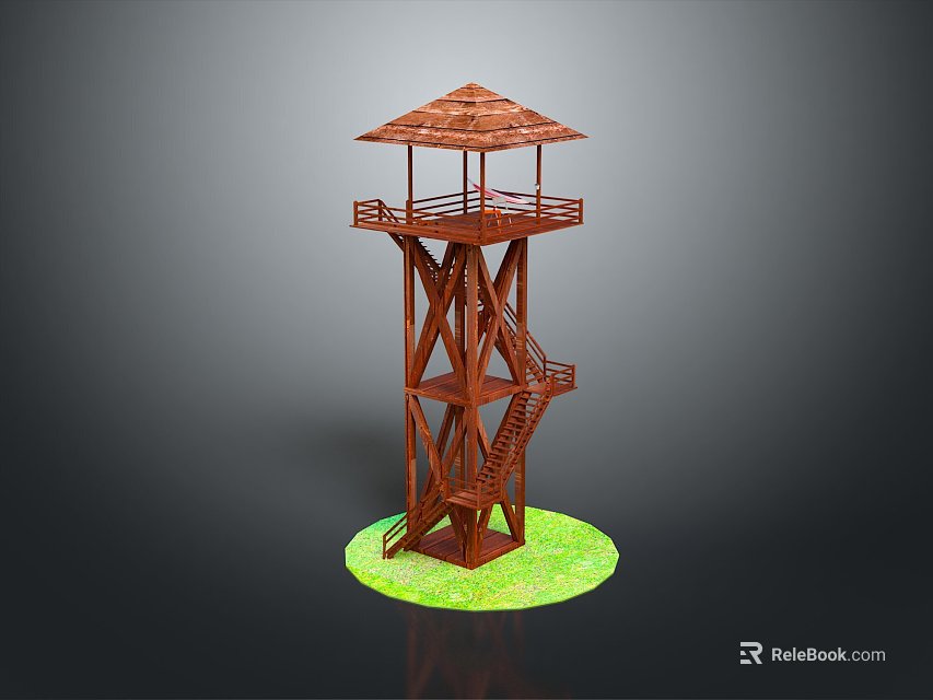 Scenic View of Wooden Watchtower with Thatched Roof and Spiral Staircase on Green Grassy Base 3d model 