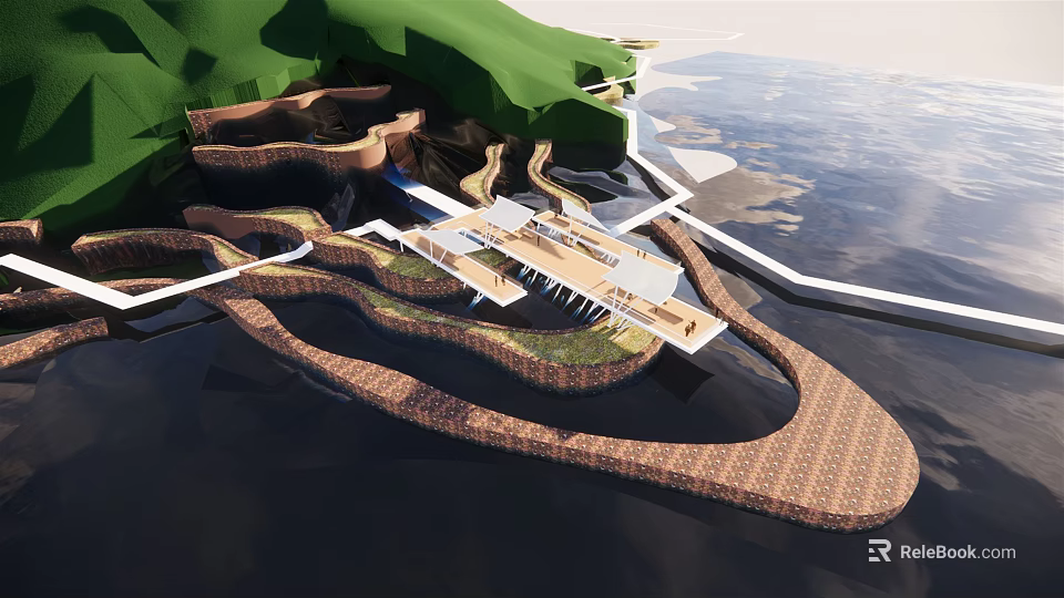 Scenic Winding Road Infrastructure With Green Hills Waterfront And Curved Bridge Structures 3d model 
