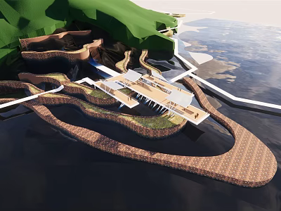 Scenic Winding Road Infrastructure With Green Hills Waterfront And Curved Bridge Structures 3d model