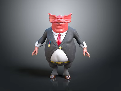 3D Cartoon Pig Head Character In Gray Suit With Red Tie Badge And Claw Hands 3d model