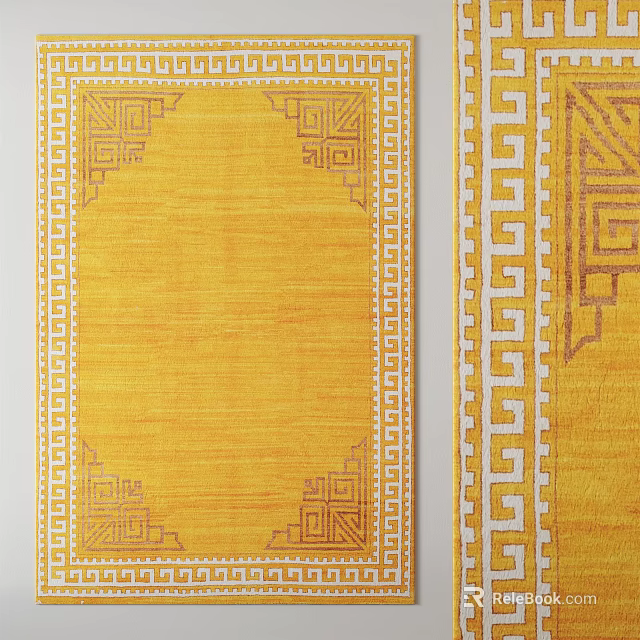 Elegant Yellow Square Rug with Soft Texture and Intricate Geometric Border Patterns 3d model