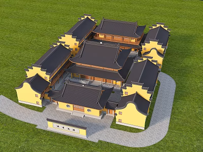 Ancient Chinese Architecture With Yellow Walls Black Roofs And Courtyard Layout 3d model