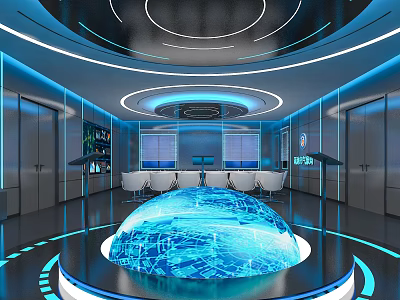 Futuristic Exhibition Hall With Interactive Central Blue Digital Sphere And Modern Lighting 3d model