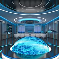 Futuristic Exhibition Hall With Interactive Central Blue Digital Sphere And Modern Lighting