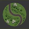 Cartoon Scene With Round Green Grassland Winding Race Track Trees And White Buildings