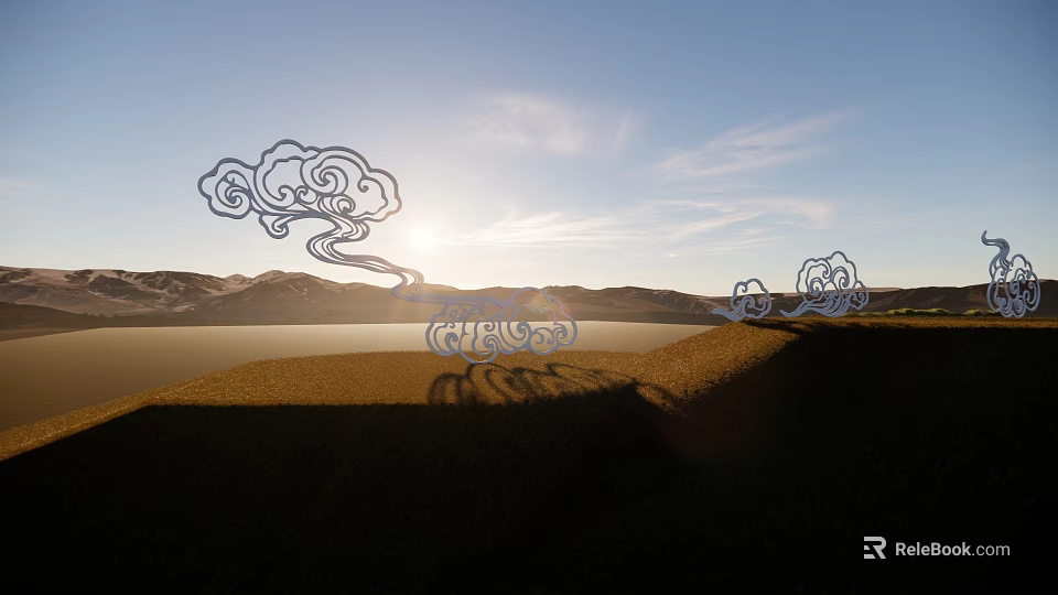 Cloud Shaped Garden Ornaments Under Blue Sky With Sunset And Mountains 3d model 