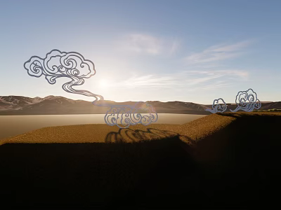 Cloud Shaped Garden Ornaments Under Blue Sky With Sunset And Mountains 3d model