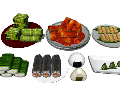 Assorted Traditional Asian Food Including Rice Dumplings Seaweed Rolls And Steamed Pastries 3d model