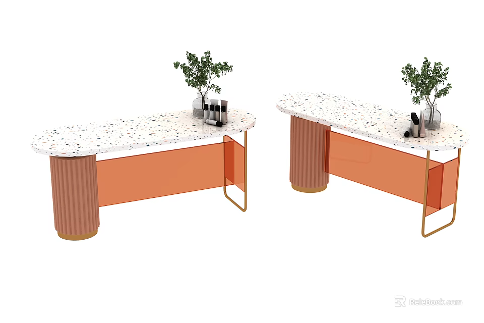Modern Display Shelves With White Speckled Top And Orange Ribbed Legs With Potted Plants 3d model 