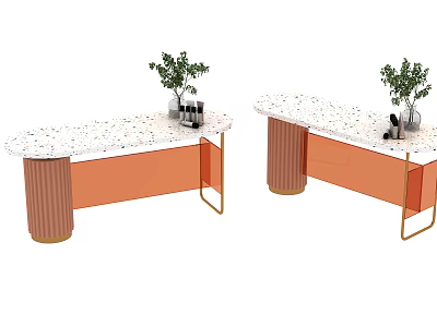 Modern Display Shelves With White Speckled Top And Orange Ribbed Legs With Potted Plants 3d model