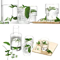 Transparent Glass Cups With Fresh Mint Leaves And Ice Cubes On Wooden Tray