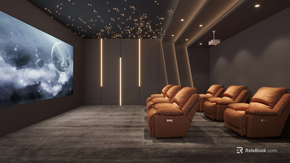 Modern Home Theater Interior With Starry Ceiling Large Screen And Leather Recliner Chairs 3d model 