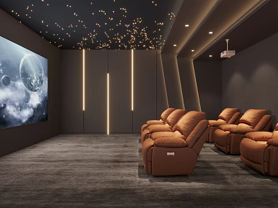 Modern Home Theater Interior With Starry Ceiling Large Screen And Leather Recliner Chairs 3d model