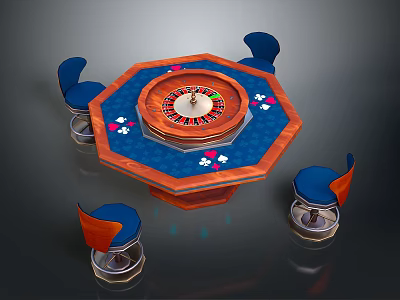 Elegant Home Roulette Table With Blue Chairs And Poker Symbols On Surface 3d model