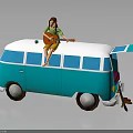 Young Girl Playing Guitar On Colorful Blue And White Vintage Van With Open Door