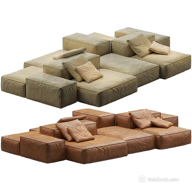 Modular Sectional Sofa Light Green and Brown Upholstered with Soft Cushions Versatile Design 3d model 