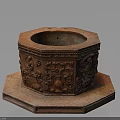 Detailed Ornate Octagonal Stone Container With Carved Decorations And Hexagonal Base