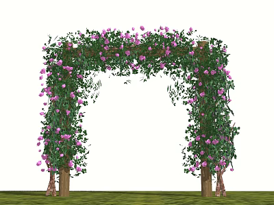 Blooming Garden Archway With Purple Flowers Lush Green Vines And Wooden Posts 3d model