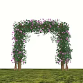 Blooming Garden Archway With Purple Flowers Lush Green Vines And Wooden Posts