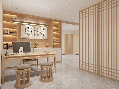 Chinese Traditional Study Room With Wooden Desk Computer Calligraphy And Screen 3d model